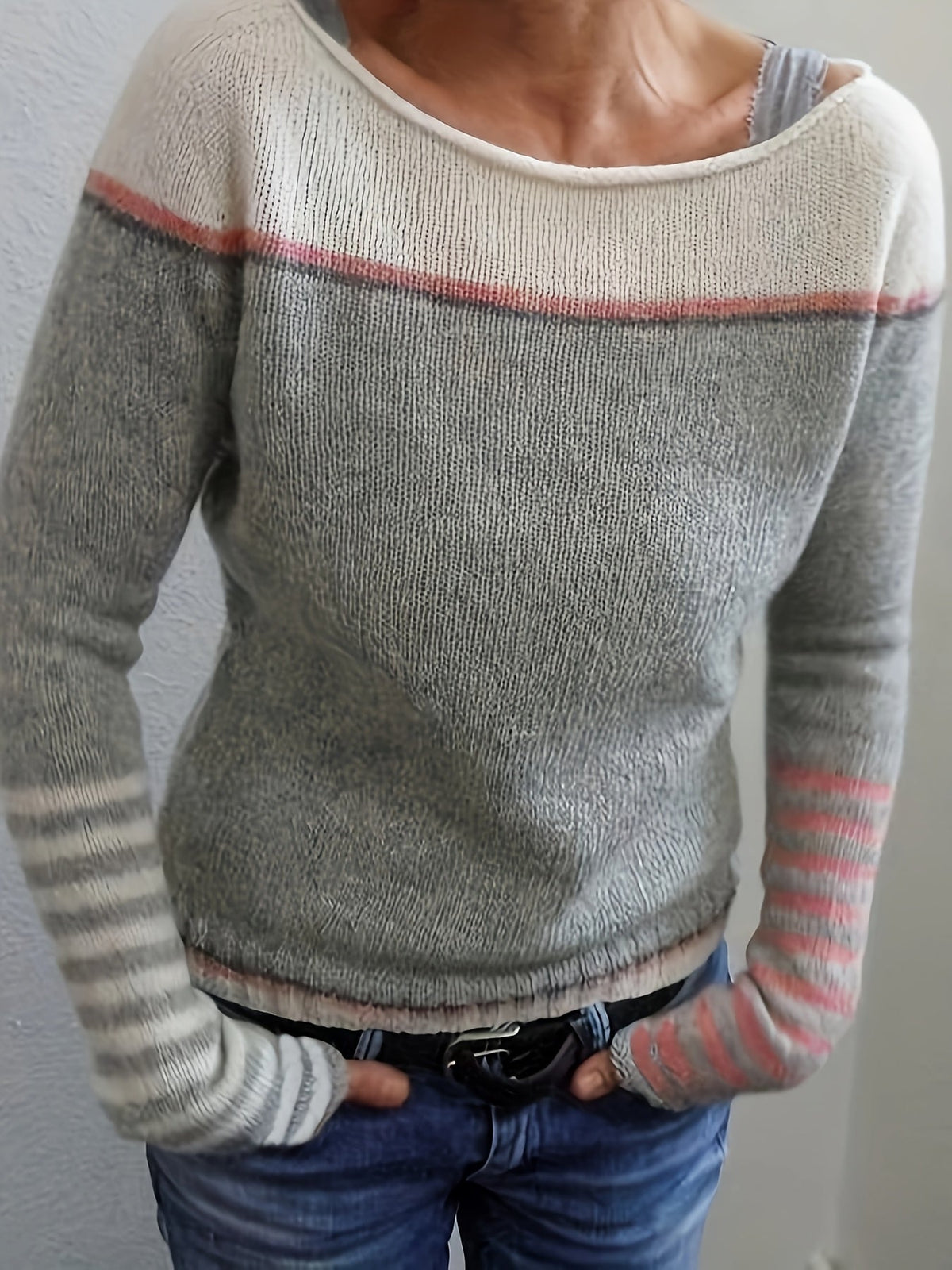 Pull en maille asymétrique pour femme à rayures et blocs de couleurs, manches longues, encolure large épaules dénudées, haut décontracté chic pour printemps et automne, gris bleu vert violet S-XL