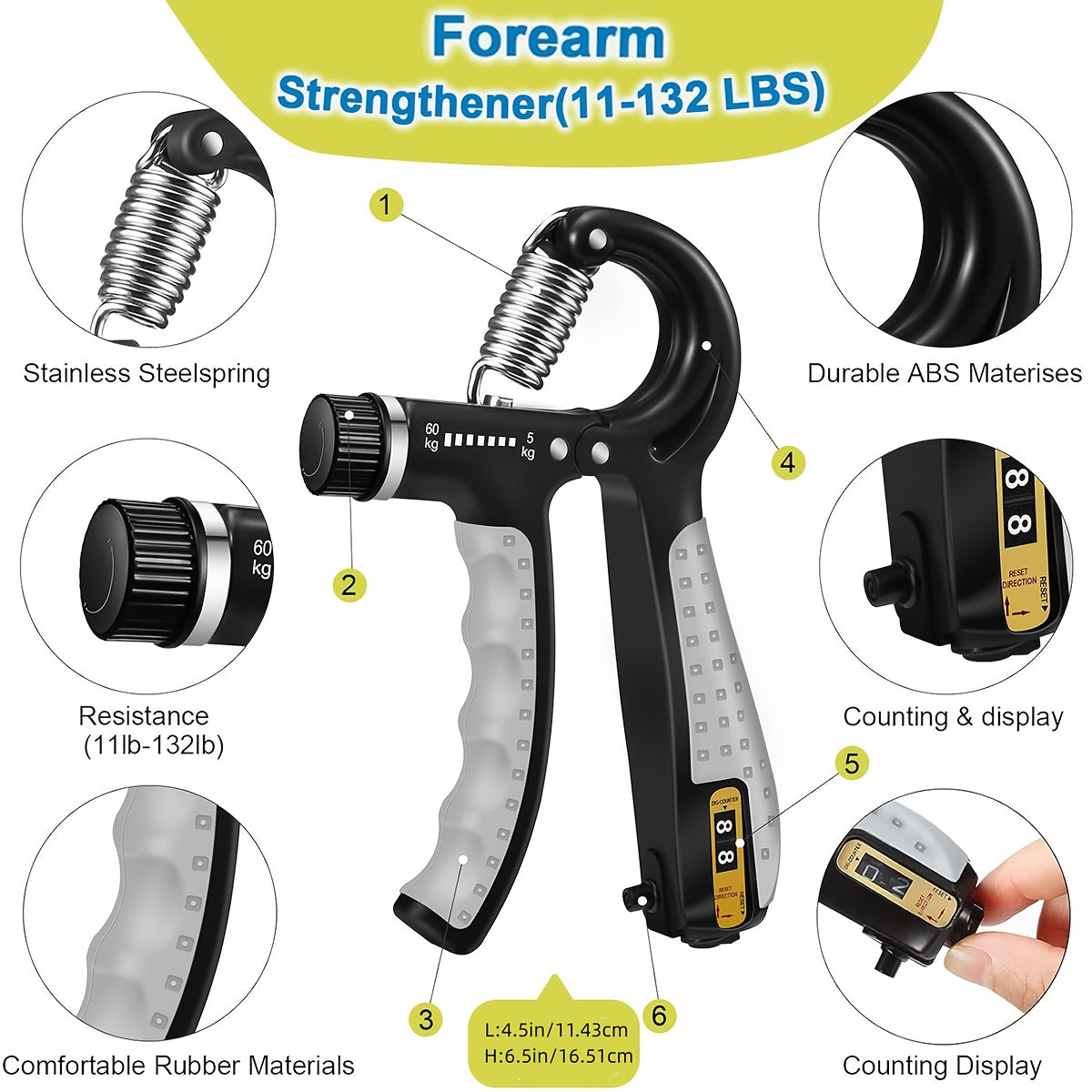 Kit d'entraînement de la force de préhension 4 pièces – Pince de musculation, exerciseur de doigts, anneau de renforcement manuel et extenseur de doigts avec dragonne pour hommes, femmes et athlètes