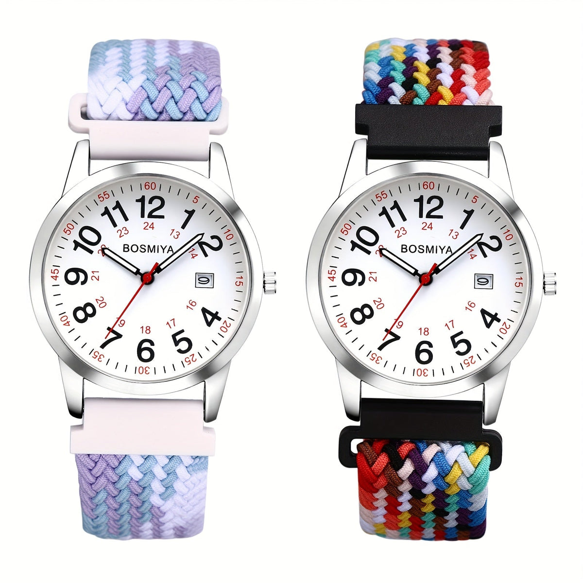Montre de sport à quartz analogique avec grand cadran à calendrier et bracelet en nylon tressé – Montre-bracelet ronde à lecture facile avec cadran 24 heures pour hommes et femmes, bracelet élastique réglable et souple, 4 styles