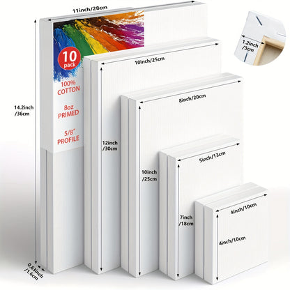Lot de toiles tendues apprêtées en blanc, 100 % coton – Ensembles ronds, rectangulaires et carrés de 10, 15 et 20 pièces – Châssis entoilés d'artiste pour peinture acrylique, à l'huile, pouring et techniques mixtes