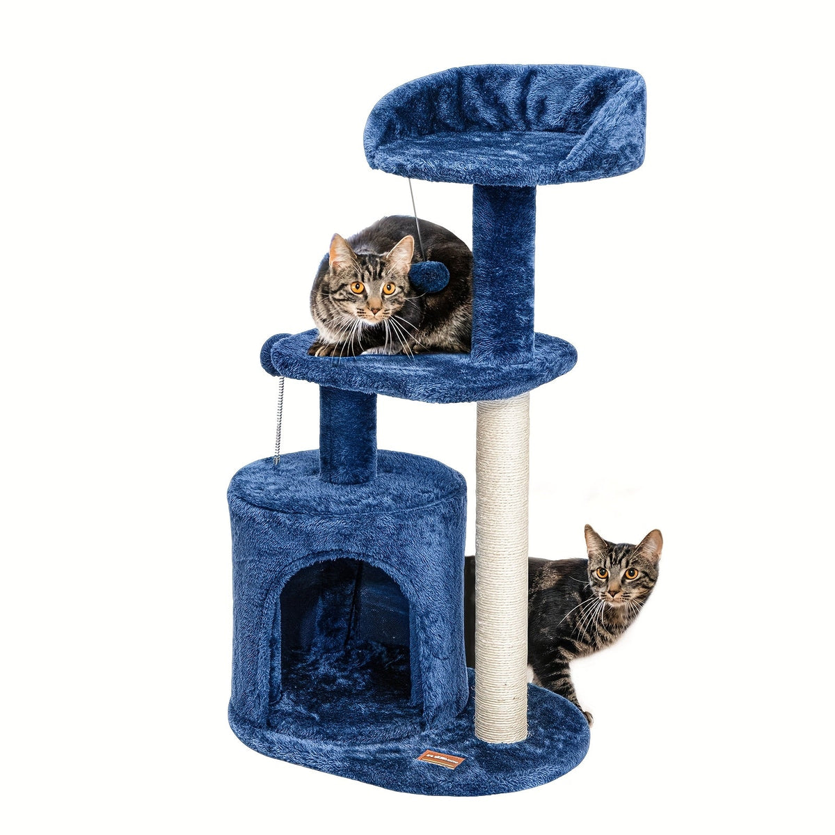 Arbre à chat de 81 cm pour chats d'intérieur – Condo douillet, poteau à griffer en sisal, perchoirs en peluche et jouets pompons, tour pour chat bleu jean pour petits et moyens chats, excellent cadeau de mobilier pour chat