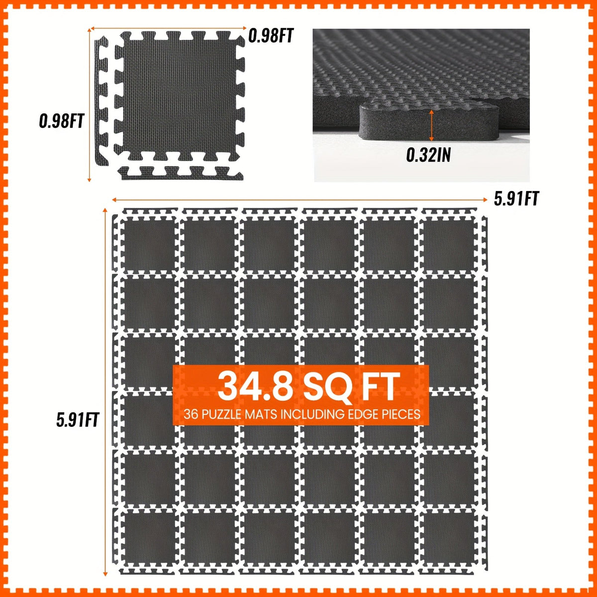 Tapis de sol emboîtables pour salle de sport, 36/48 pièces, dalles puzzle en mousse EVA, 30 x 30 cm, tapis d'exercice antidérapant pour salle de sport à domicile, garage, salle de jeux, fitness – Inclut des bordures, motif café et feuilles