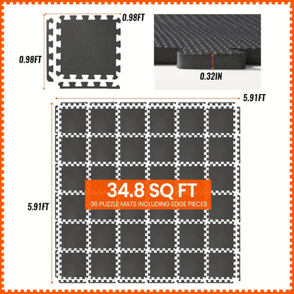 Tapis de sol emboîtables pour salle de sport, 36/48 pièces, dalles puzzle en mousse EVA, 30 x 30 cm, tapis d'exercice antidérapant pour salle de sport à domicile, garage, salle de jeux, fitness – Inclut des bordures, motif café et feuilles