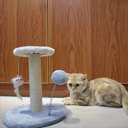 Arbre à chat avec griffoir, souris suspendue et balle sur ressort, tour d'activité pour chatons et jeunes chats, blanc, gris, marron