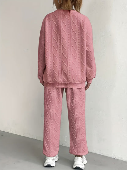 Ensemble survêtement 2 pièces pour femme – Haut à manches longues et col rond en jacquard texturé et pantalon de jogging, tenue de détente décontractée et respirante pour le printemps et l'été S-XXL