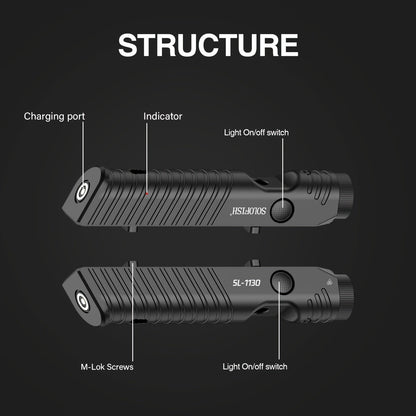 Lampe tactique pour fusil M-Lok 1450 lumens SL1130 – Lampe d'arme profil bas rechargeable par aimant avec mode stroboscopique, bouton ambidextre, faisceau de 240 m, pour fusils avec rail M-Lok