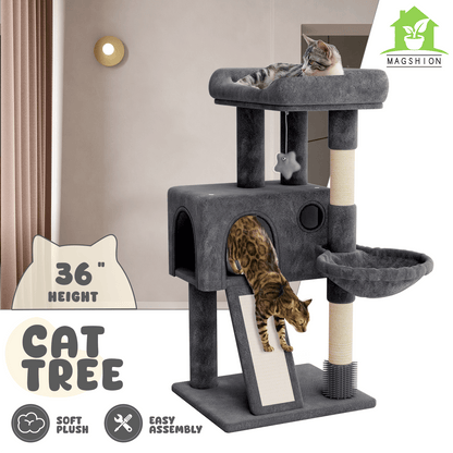 Arbre à chat multi-niveaux de 91 cm avec appartement, hamac, poteaux à griffer en sisal et jouets suspendus - Maison de jeux d'intérieur pour chats et chatons - Villa pour chat en peluche, gris clair et gris fumé
