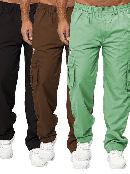 Lot de 3 pantalons cargo pour homme, coupe droite multipoches – Pantalon de randonnée en polyester tissé uni pour le printemps et l'automne, tailles S à XXXL, 9 combinaisons de couleurs