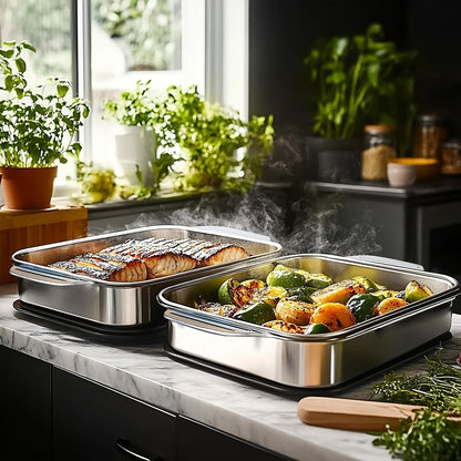 Ensemble de plats de cuisson en acier inoxydable avec couvercles – Grands plateaux de four rectangulaires antiadhésifs et robustes pour rôtir, pain, desserts, fruits de mer, barbecue et service buffet, options de lots de 2, 4, 6 ou 8