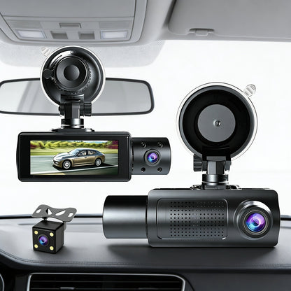 Dashcam 3 canaux avec vision nocturne infrarouge et application smartphone – Caméra avant, arrière et intérieure avec enregistrement en boucle, objectif grand angle, carte mémoire 64 Go/512 Go en option pour voitures, camions et covoiturage