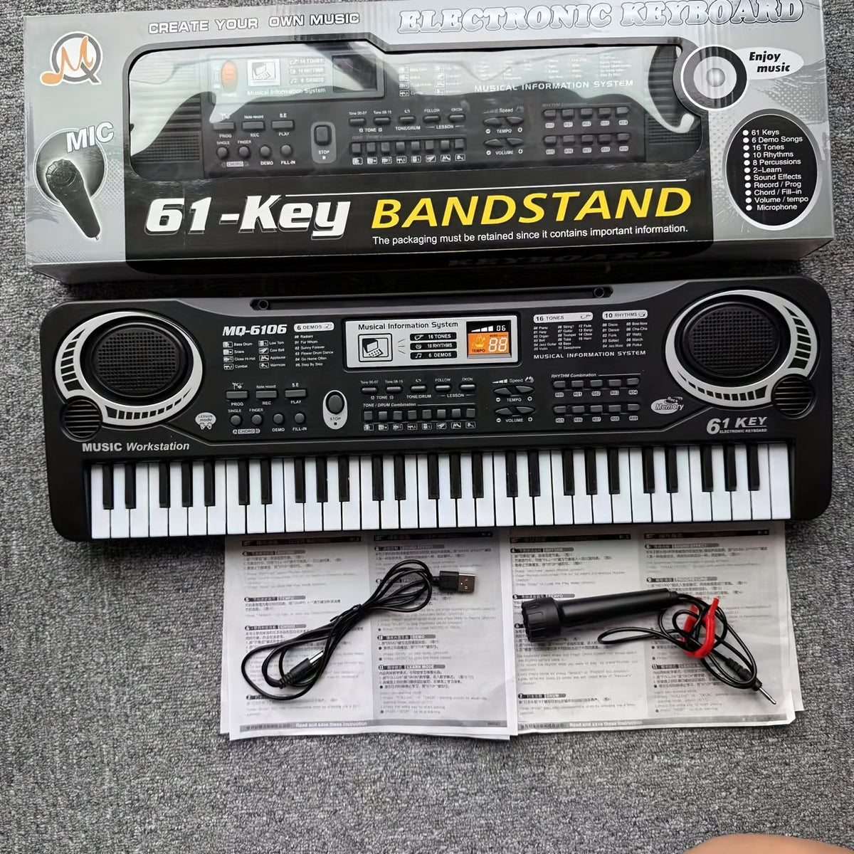 Clavier électronique 61 touches pour débutants - microphone intégré, partitions imprimées et alimentation USB, kit de démarrage complet pour enfants et adultes, cadeau d'anniversaire idéal pour les mélomanes