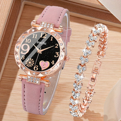 Coffret montre cœur orné de strass pour femme – 2 montres à quartz avec bracelet en similicuir, ensemble de montres-bracelets or rose et rose, idée cadeau pour la Saint-Valentin, les anniversaires et les fêtes
