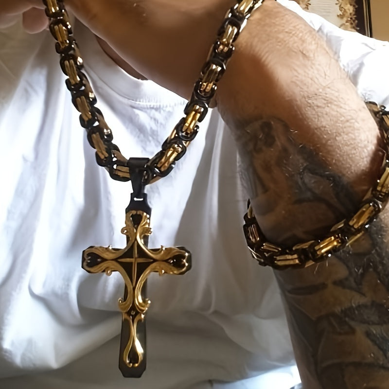 Ensemble de colliers croix en acier inoxydable pour homme, 2 pièces, chaîne cubaine avec pendentif croix, bijoux rétro hip-hop pour homme - Collier imposant, cadeau pour lui, anniversaire, Noël
