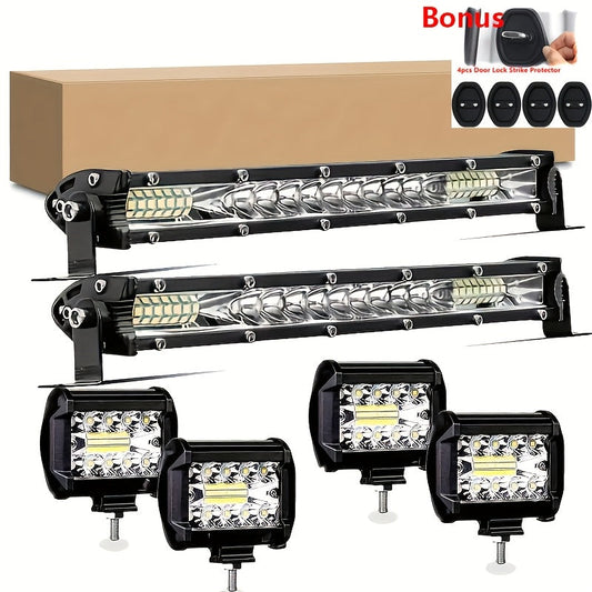 LED Light Bar Offroad Kit – 2x 10 Inch LED Light Bars + 4x 4 Inch Spot Lights for Jeep Truck SUV 4x4 Off-Road Driving, Waterproof Bright White Work Lights, Easy Install (Battery Not Included)