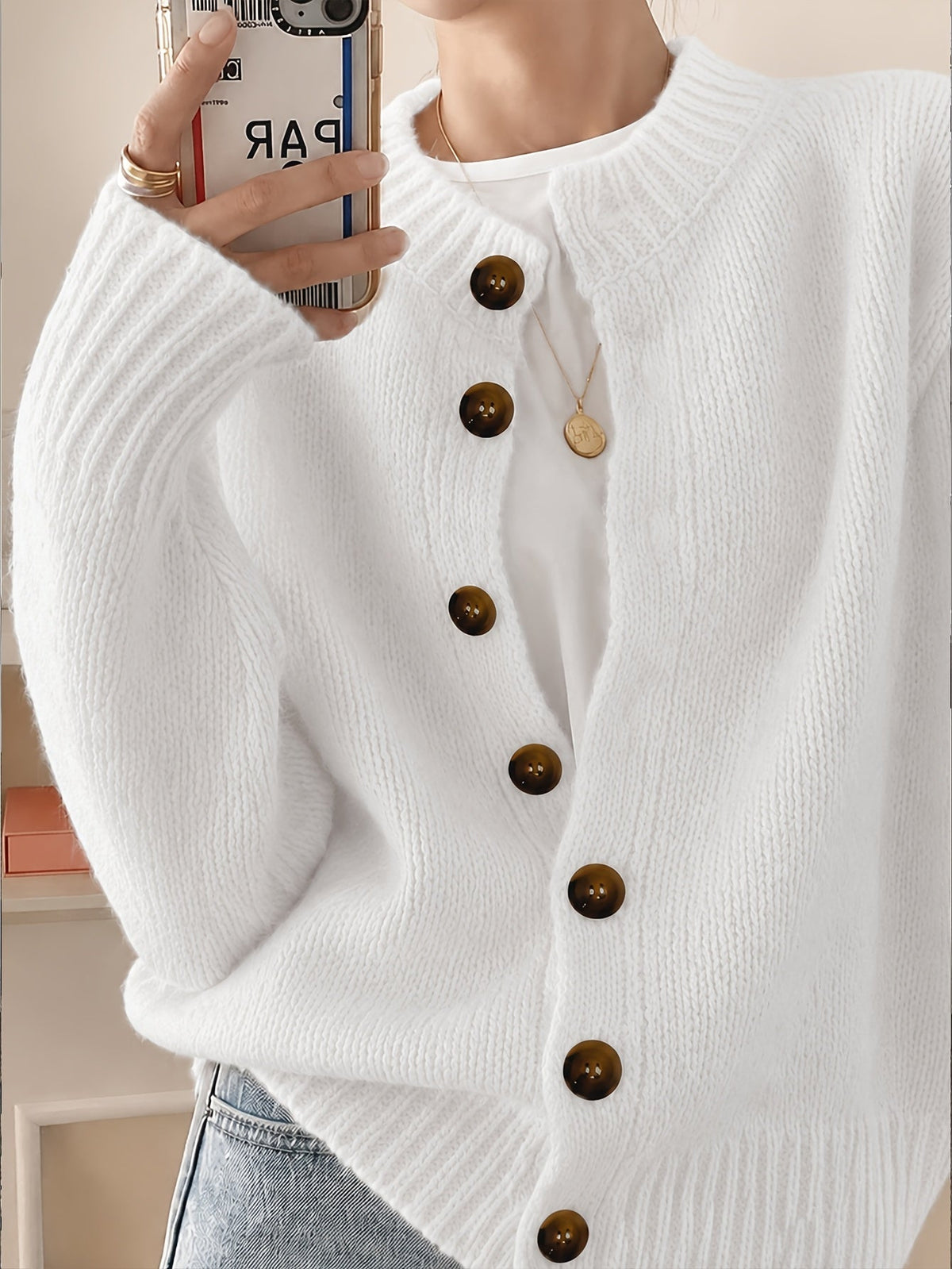 Cardigan décontracté pour femme à boutons, manches longues, col rond, maille colorée | Haut élégant et léger en tissu extensible à motif pois bonbon, tailles S M L XL