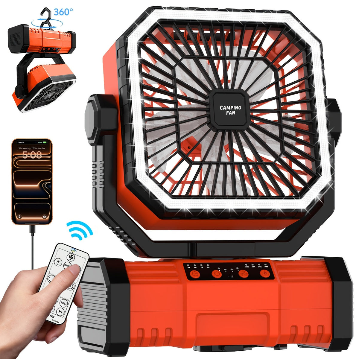 Ventilateur de camping portable 20 000 mAh avec télécommande, lumières LED, 4 vitesses et rotation à 360° – Ventilateur oscillant rechargeable sur batterie pour camping en plein air, camping-car et voyage
