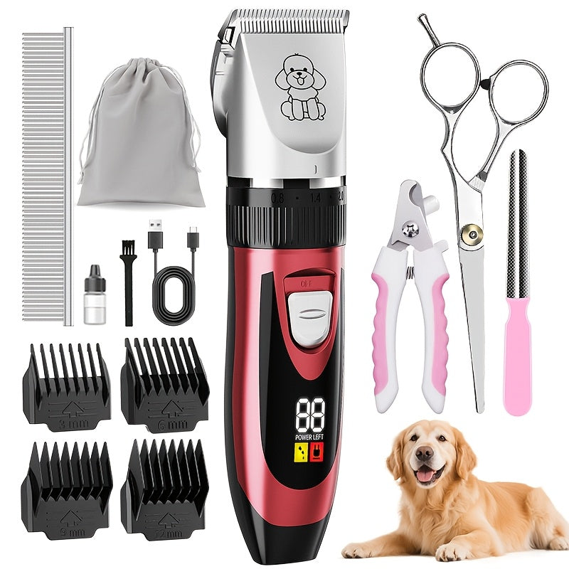 Kit de toilettage pour chien, tondeuse électrique sans fil silencieuse – batterie au lithium rechargeable, tondeuse pour poils épais avec ciseaux et peigne pour chiens et chats de petite et grande taille, plusieurs options de kit disponibles