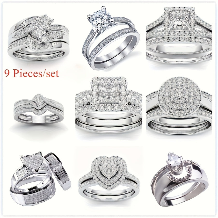 Ensemble de 9 bagues de mariage pour femme avec oxydes de zirconium taille princesse – Alliances empilables, cadeau de bijoux classique pour petite amie et épouse