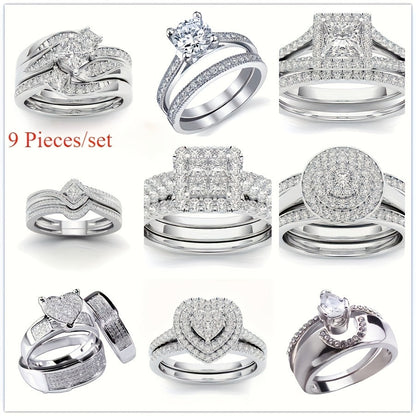 Ensemble de 9 bagues de mariage pour femme avec oxydes de zirconium taille princesse – Alliances empilables, cadeau de bijoux classique pour petite amie et épouse