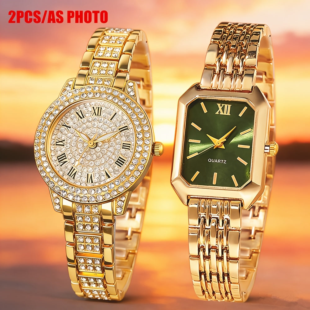 Ensemble de 2 montres pour femmes, montre-bracelet à quartz dorée – Élégante montre analogique pour femme, cadeau décontracté et stylé pour femme, tons or rose et argent