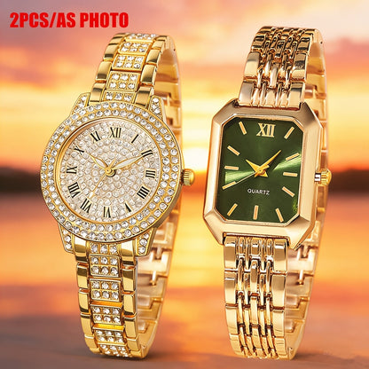 Ensemble de 2 montres pour femmes, montre-bracelet à quartz dorée – Élégante montre analogique pour femme, cadeau décontracté et stylé pour femme, tons or rose et argent