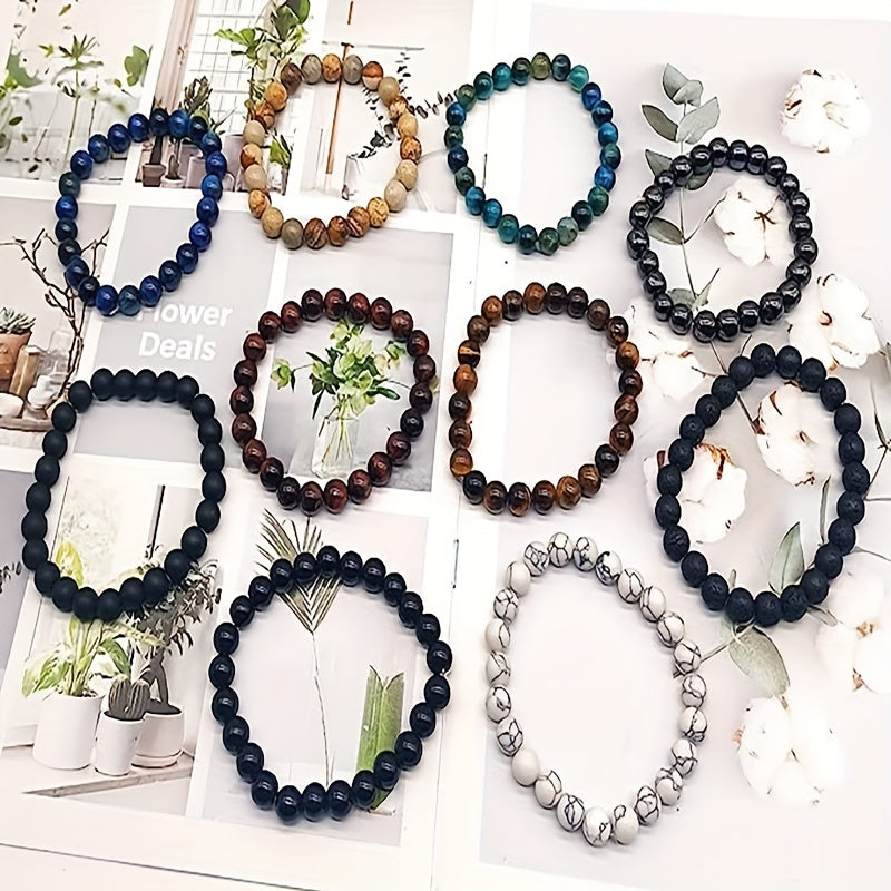 Lot de 10 bracelets extensibles en pierres naturelles de 8 mm, style vintage, perles rondes empilables, unisexe, pour homme et femme, cadeau de vacances