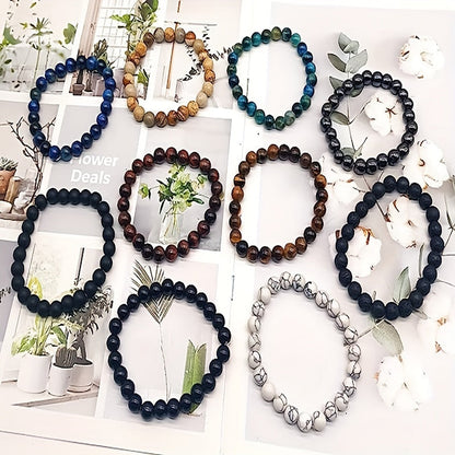 Lot de 10 bracelets extensibles en pierres naturelles de 8 mm, style vintage, perles rondes empilables, unisexe, pour homme et femme, cadeau de vacances