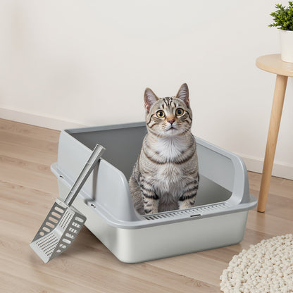 Bac à litière pour chat en acier inoxydable à bords hauts, bac anti-fuites avec pelle et plateau de tamisage, résistant à la rouille, anti-odeurs, anti-adhésif, facile à nettoyer, toilettes pour chats d'intérieur, taille moyenne à grande