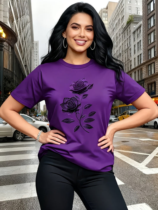 T-shirt à col rond pour femme avec motif rose, haut en maille élégant, décontracté, respirant et léger - t-shirt à manches courtes avec imprimé floral pour le printemps, l'été, le quotidien et les tenues de brunch