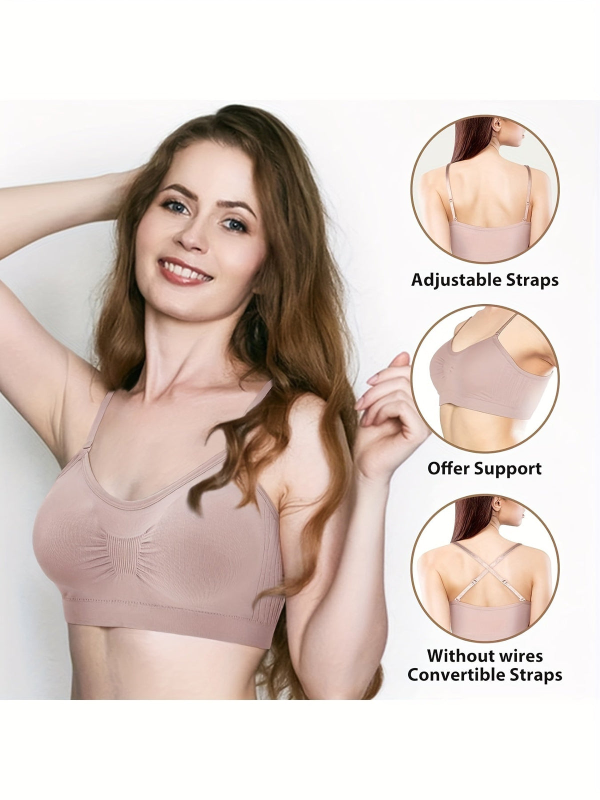 Lot de 4 brassières débardeurs à col en V avec coussinets – Soutien-gorge de sport sans armatures avec bretelles réglables pour femme, ensemble de brassières douces avec coussinets pour le quotidien, tailles S-XL, couleurs rouille, beige, vert, bleu