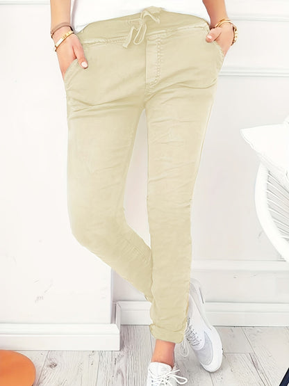 Pantalon slim pour femme, taille élastique à cordon, coupe ajustée, longueur longue, pantalon décontracté, noir, bleu marine, abricot, vert olive, S M L XL XXL, printemps automne