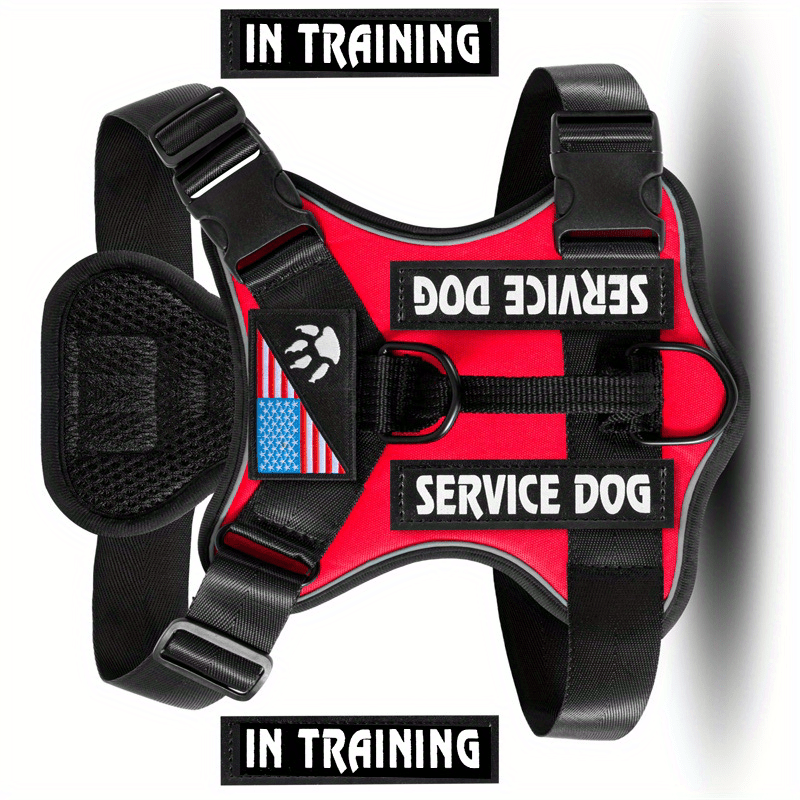Harnais anti-traction pour chien avec gilet réfléchissant et 5 écussons – Harnais de service réglable en maille Oxford souple, avec attaches avant et arrière pour chiens de petite, moyenne et grande taille, de XS à XL