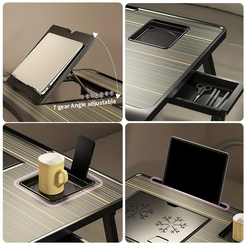 Bureau pour ordinateur portable pliable pour lit et canapé avec porte-gobelet, support pour téléphone, tiroir et port USB, plateau de petit-déjeuner pour travail et films – 6 styles