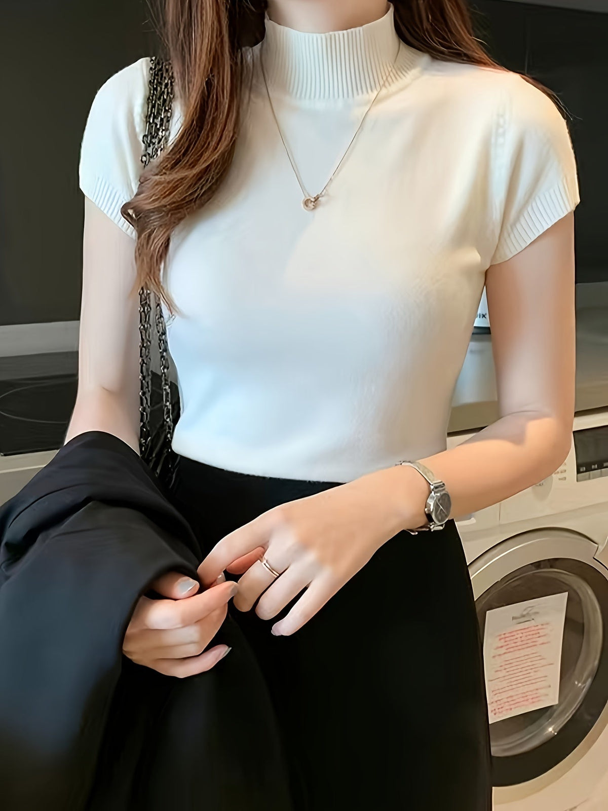 Pull à manches courtes et col montant en fibre glacée pour femme | Haut en maille fine rafraîchissant et léger, tenue décontractée et polyvalente pour l'été