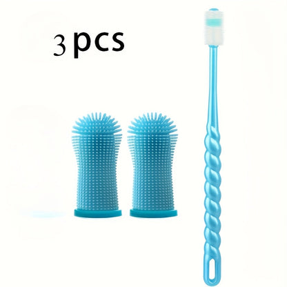 Kit de soins dentaires pour animaux de 3 pièces : brosse à dents en silicone à 360°, brosse à doigt et brosse à micro-filaments pour chiens et chats, souple et douce, aucune pile requise