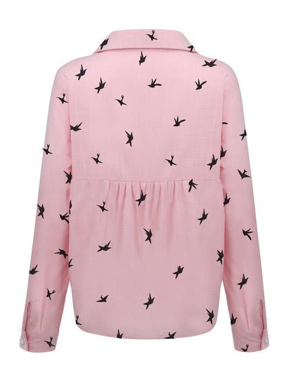 Women's Bird Print Button-Front Long Sleeve Shirt | Lapel Collar Casual Woven Polyester Top for Spring Fall Everyday Wear