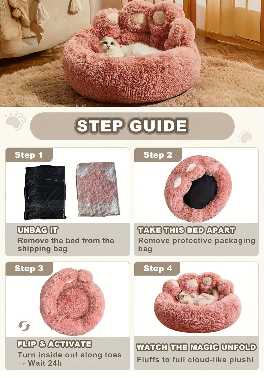 Panier rond pour chien et chat motif patte d’ours – Lit apaisant et doux pour animal de compagnie, antidérapant, chaud et confortable, petit, moyen, grand modèle, 50/60/70/90 cm, café/rose/gris