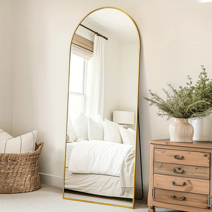 Miroir sur pied pleine longueur à sommet cintré – Miroir plein corps avec support pour chambre, salon et dressing, peut être fixé au mur, disponible en 3 tailles et 2 coloris (noir et doré)