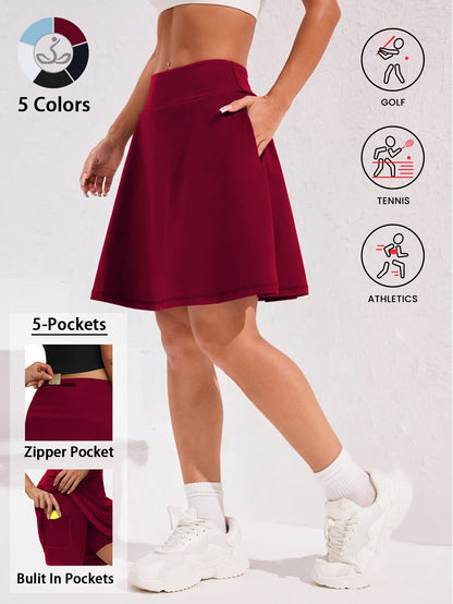 Jupe-short pour femme, longueur genou, 50 cm, avec 5 poches – Jupe de sport taille haute avec short intégré pour le tennis, le golf et le pickleball, jupe-short longue de sport, tailles S-XXL, coloris variés