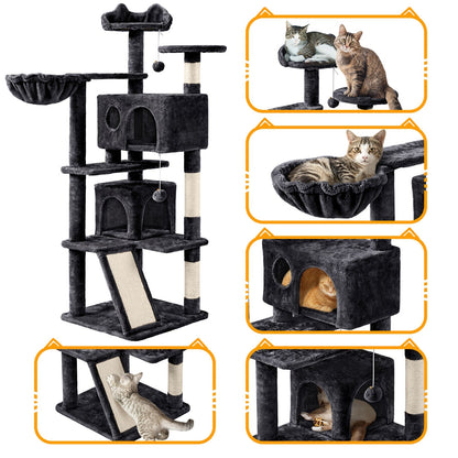 Arbre à chat multiniveaux de 145 cm avec 2 niches – poteaux à griffer en sisal, balle suspendue, plateforme ronde et échelle pour chatons et petits chats d'intérieur, 6 couleurs, cadeau de Noël pour les amoureux des chats