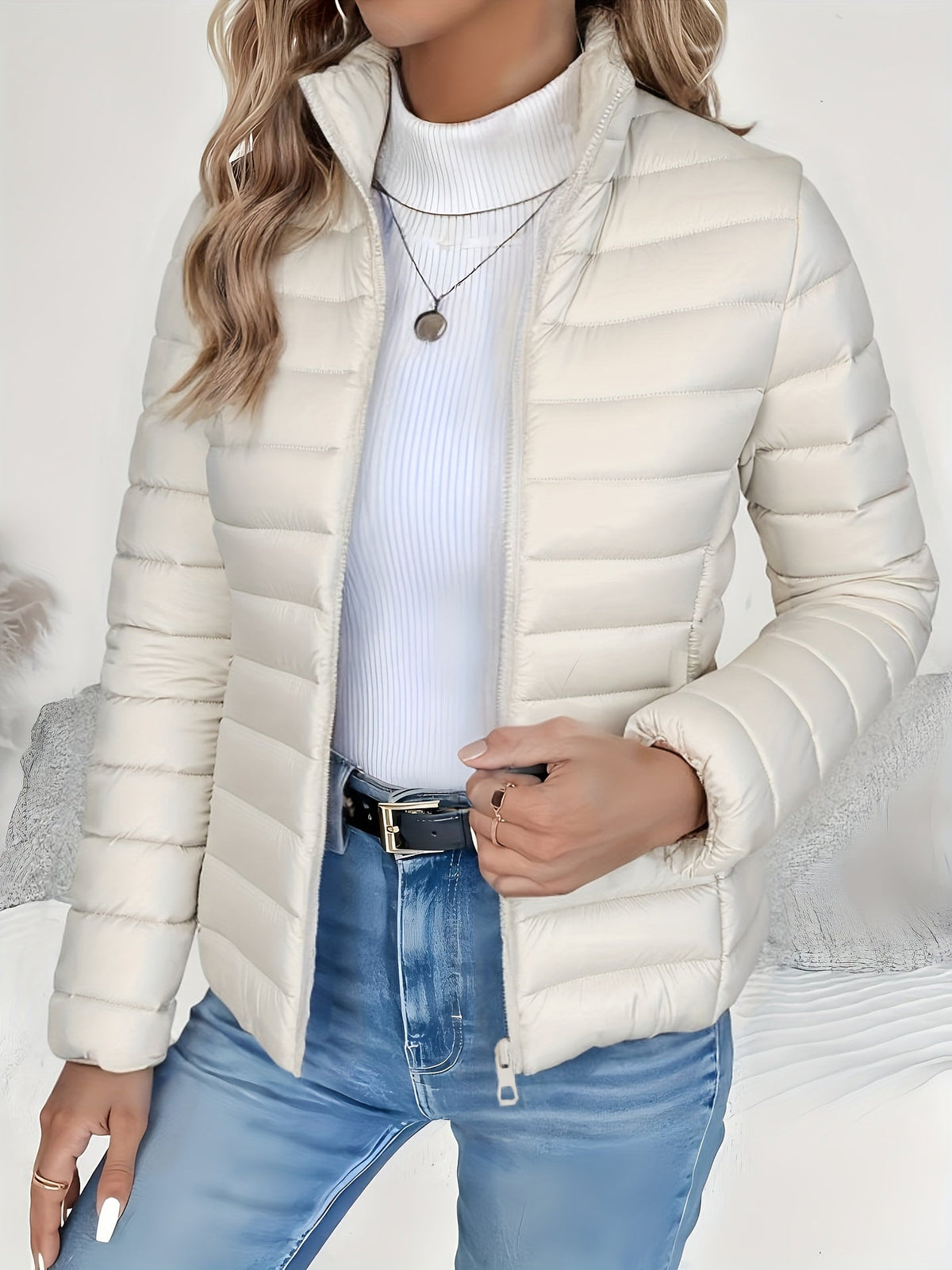 Doudoune matelassée légère pour femme, manteau rembourré à col montant, fermeture zippée, veste courte, coupe ajustée automne-hiver