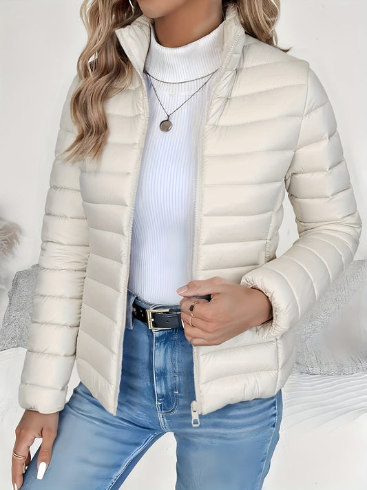 Doudoune matelassée légère pour femme, manteau rembourré à col montant, fermeture zippée, veste courte, coupe ajustée automne-hiver