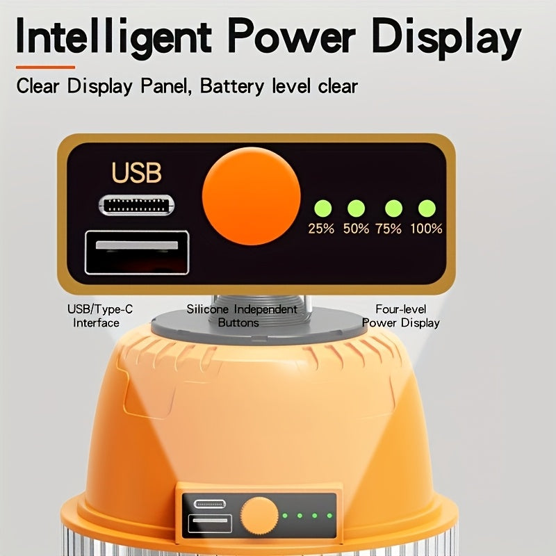 Lanterne de camping LED rechargeable par USB avec batterie externe intégrée, lampe de tente portable ultra-lumineuse pour camping, barbecue, terrasse, extérieur et urgences, recharge les téléphones portables, design autoportant et suspendu