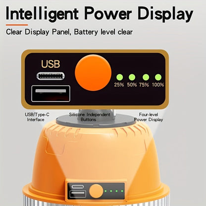 Lanterne de camping LED rechargeable par USB avec batterie externe intégrée, lampe de tente portable ultra-lumineuse pour camping, barbecue, terrasse, extérieur et urgences, recharge les téléphones portables, design autoportant et suspendu