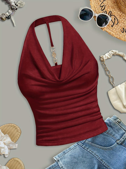 Women's Halter Neck Tank Top Sexy Backless Sleeveless Summer Beach Blouse Solid Color Knit Outerwear Shirt for Going Out - White Khaki Burgundy Pink