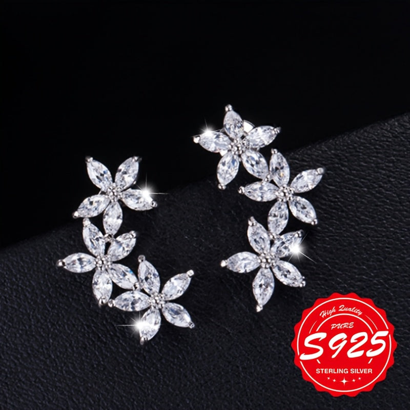 Boucles d'oreilles fleur  à cinq pétales en argent sterling S925 pour femme – Clous d'oreilles brillants, élégants et hypoallergéniques, design floral unique pour le quotidien, anniversaire et cadeau pour femme (4,65 g)