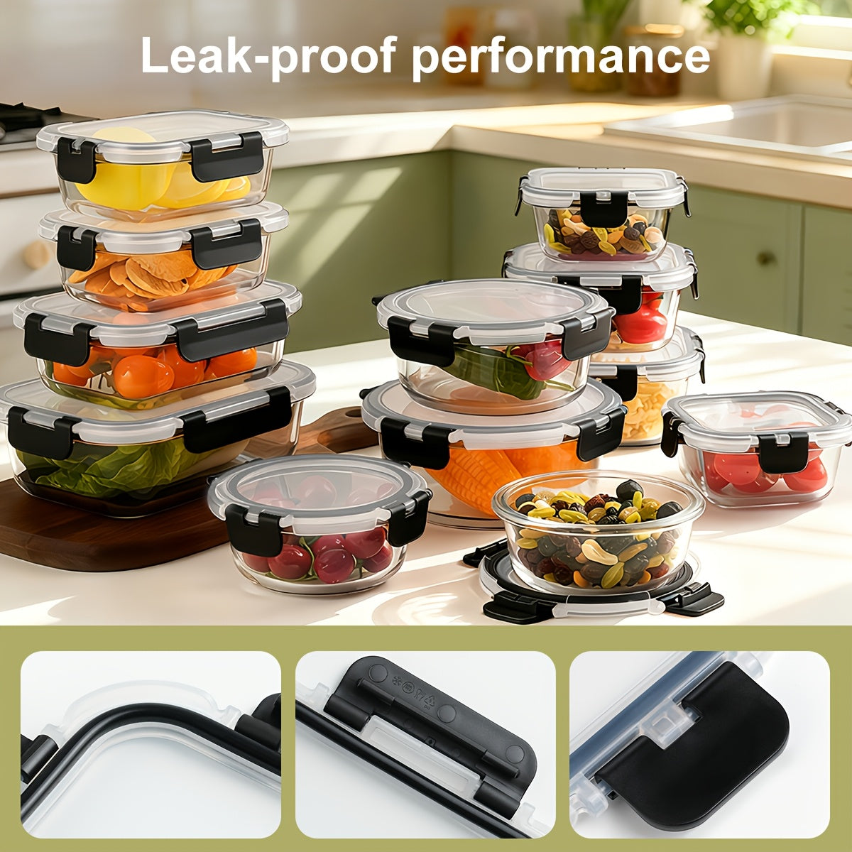 Ensemble de 12 récipients alimentaires en verre avec couvercles, boîtes de préparation de repas hermétiques et étanches, boîtes à déjeuner bento en verre épais compatibles micro-ondes, four, congélateur et lave-vaisselle, organisateur de garde-manger