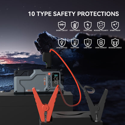 Démarreur portable 6000 A/9000 A avec compresseur d'air 150 PSI – Boîtier de démarrage 7-en-1 avec gonfleur de pneus numérique et batterie externe pour moteurs à essence (10 L) et diesel (9,0 L), démarreur de voiture avec ports USB
