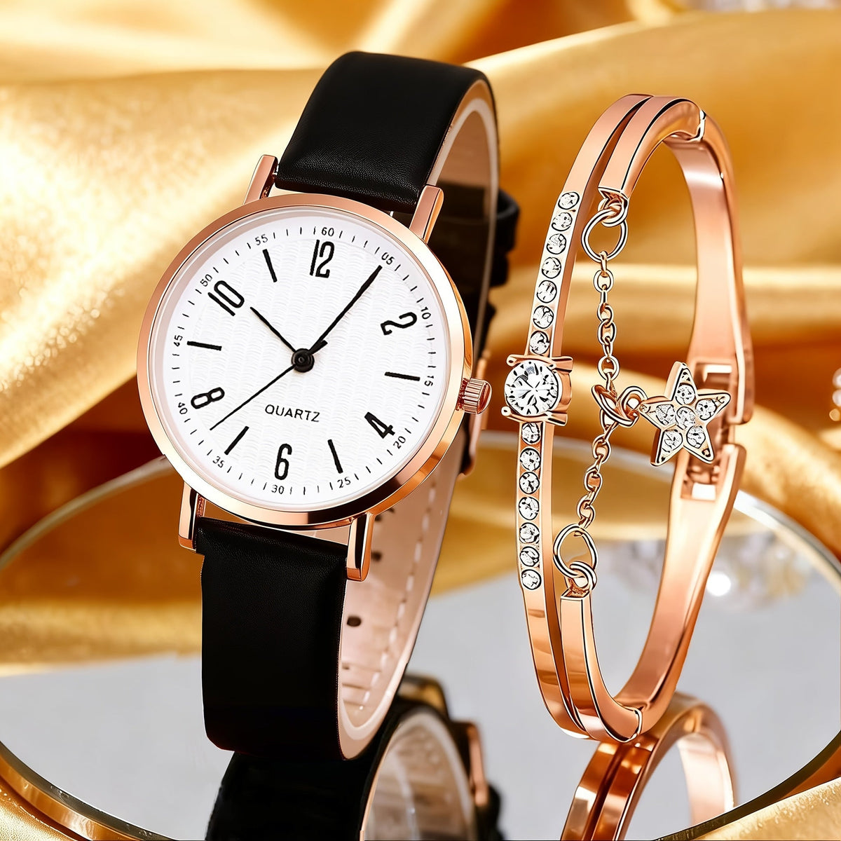 Coffret montre cœur orné de strass pour femme – 2 montres à quartz avec bracelet en similicuir, ensemble de montres-bracelets or rose et rose, idée cadeau pour la Saint-Valentin, les anniversaires et les fêtes
