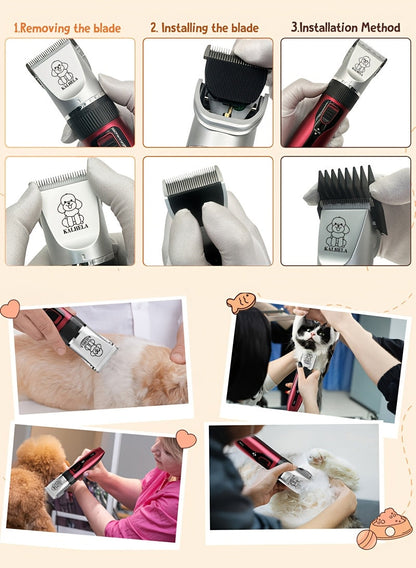 Kit de toilettage pour chien, tondeuse électrique sans fil silencieuse – batterie au lithium rechargeable, tondeuse pour poils épais avec ciseaux et peigne pour chiens et chats de petite et grande taille, plusieurs options de kit disponibles